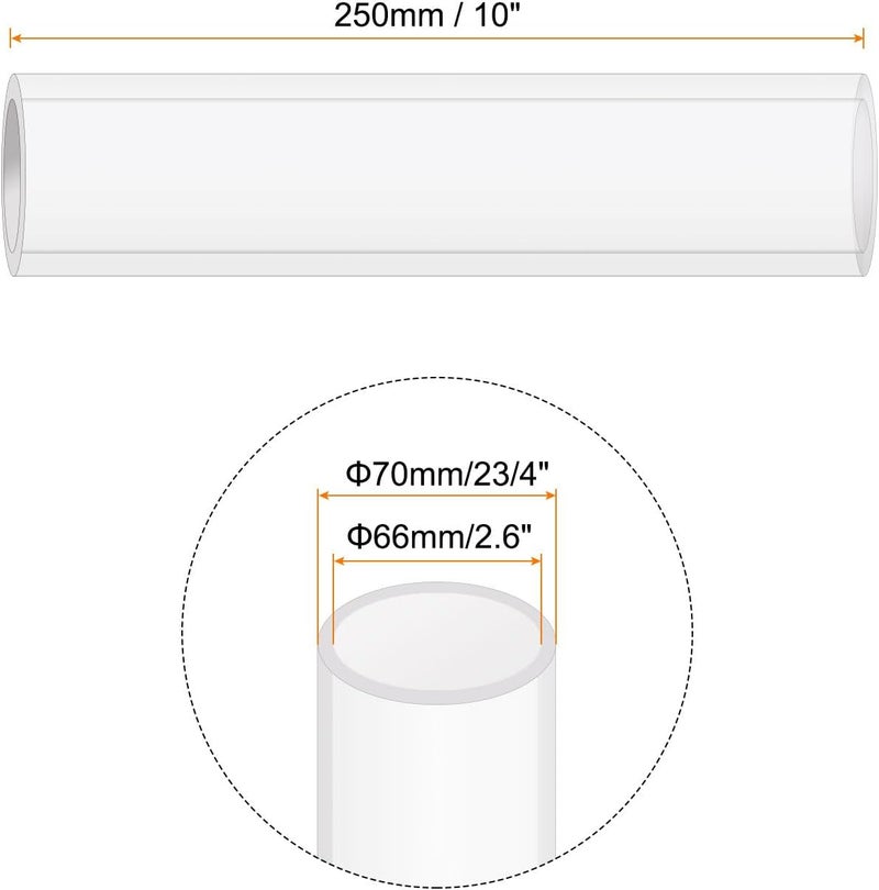 Rebower 10" Clear Plastic Rigid Pipe 66mm ID x 70mm OD (2.6" ID x 2 3/4" OD) Acrylic Round Polycarbonate Tubing, [for Plumbing, Hydraulics, Aquarium] - Image 2